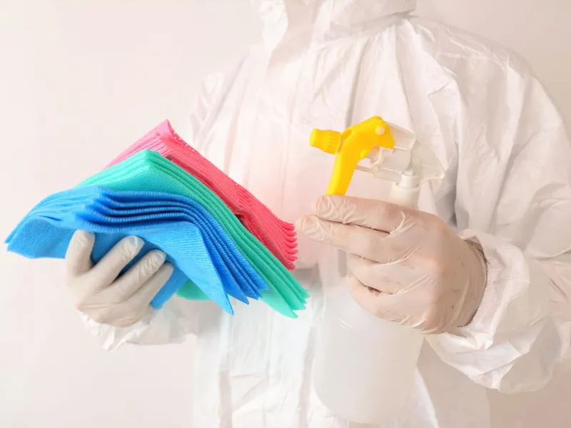 Professional cleaner in protective gear wiping down a workplace surface